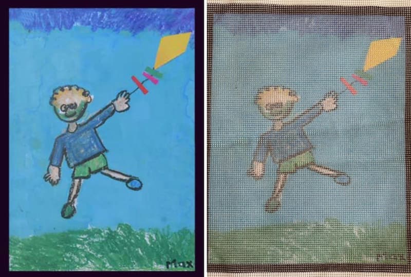 childrens artwork which has been printed onto a needlepoint canvas 