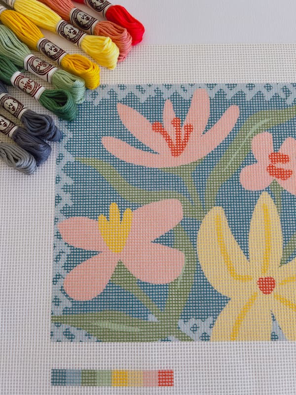 tapestry kit with bright flowers and cottons